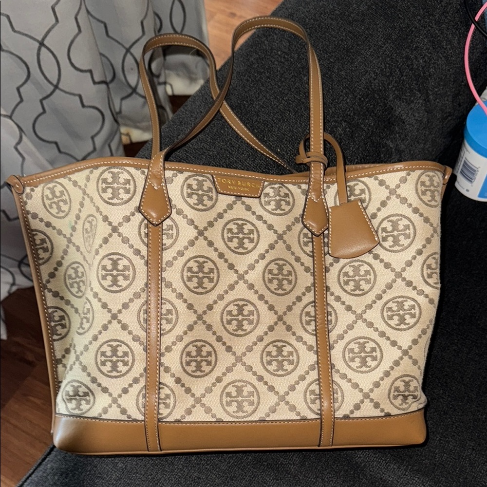 Tory Burch Brown and Cream Geometric Tote